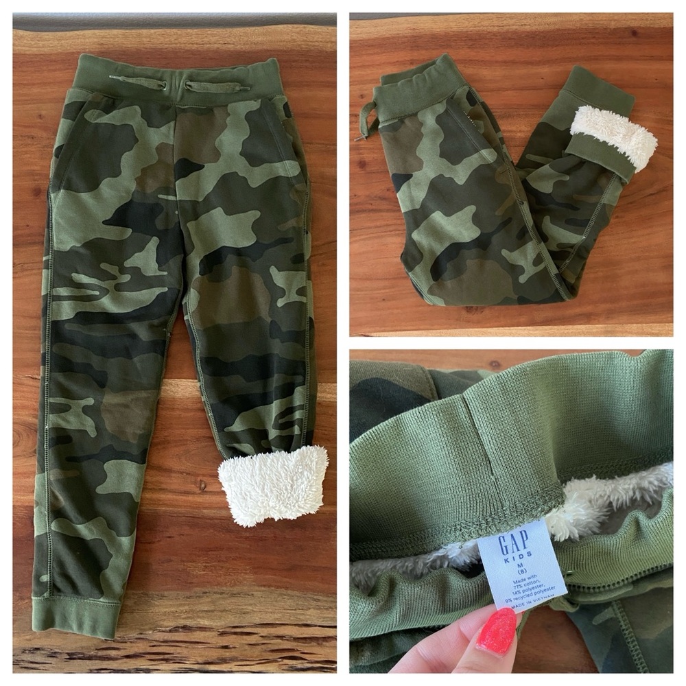 Gap kids sherpa lined sweatpant green camo winter layer cozy casual pant boy M 8